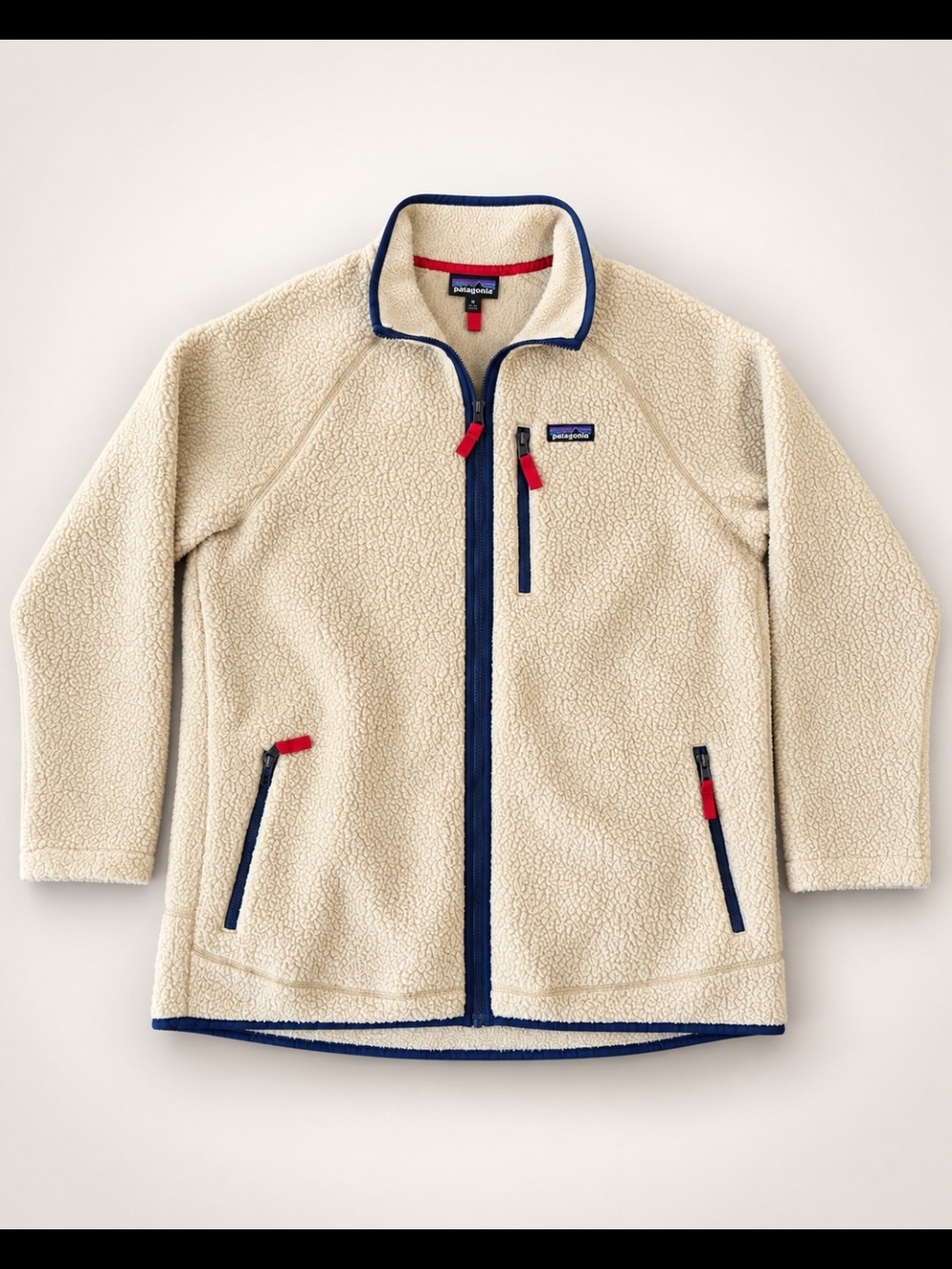 Patagonia Mens Retro Pile Fleece Jacket Natural Navy Red XXL Full Zip